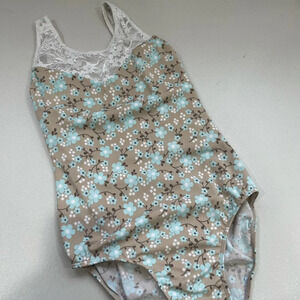 Class In Dancewear Leotard Blue Floral Pattern with White Flowers Small